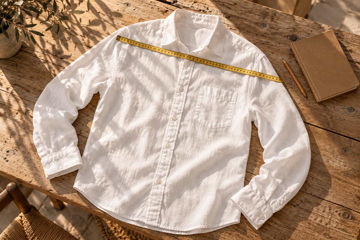 Camisa de linho branca sobre a mesa com fita métrica