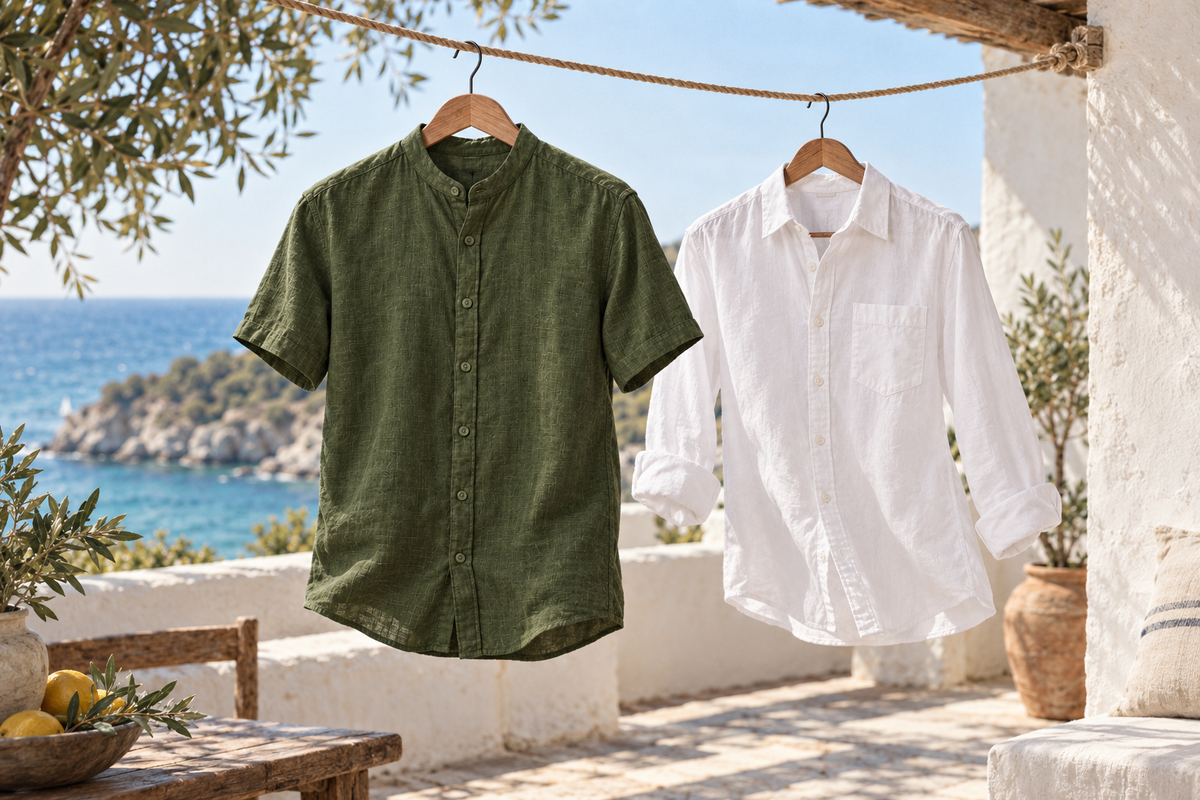 Camisas de linho secando no cabide à sombra