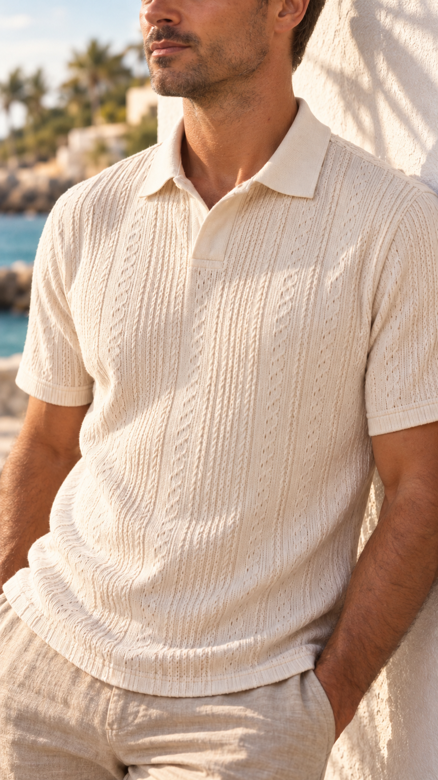Detalhe da polo de tricô canelado cor areia